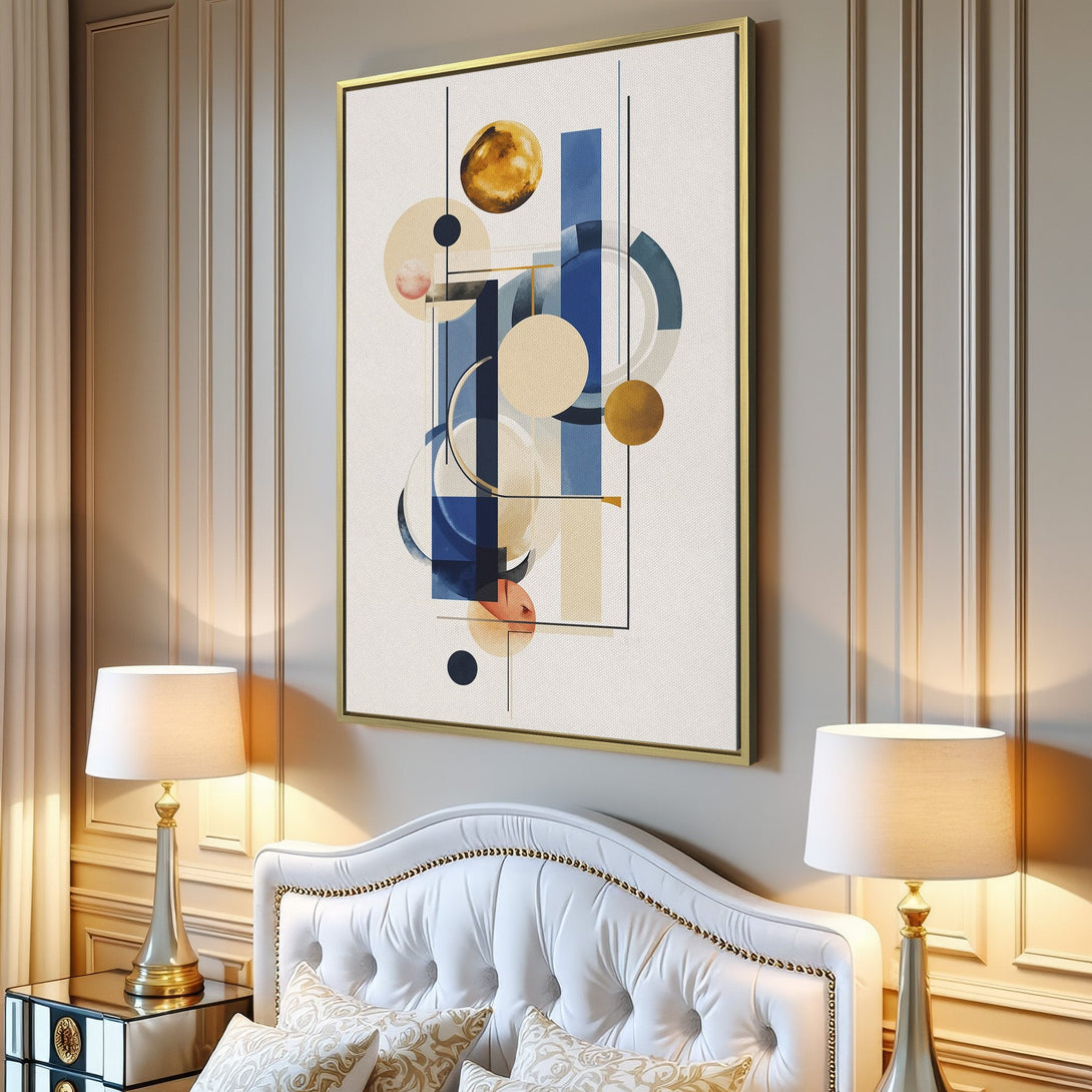 Canvas Print: Abstract geometric art in blue, gold, and beige tones. Modern wall art for living room decor.