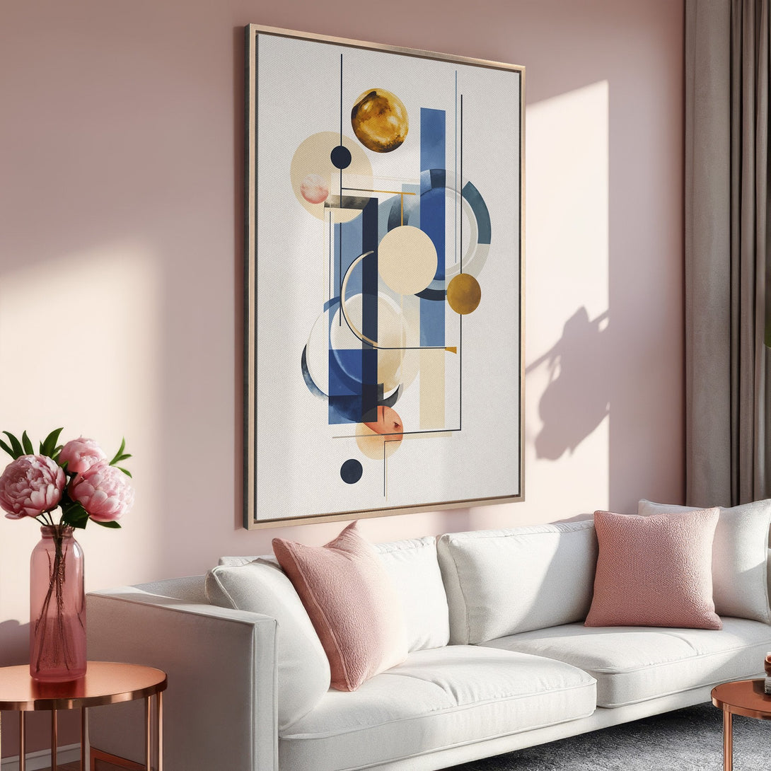 Framed Wall Art featuring abstract geometric design in blue, gold, and beige tones. Perfect for adding a touch of modern art to your living room.