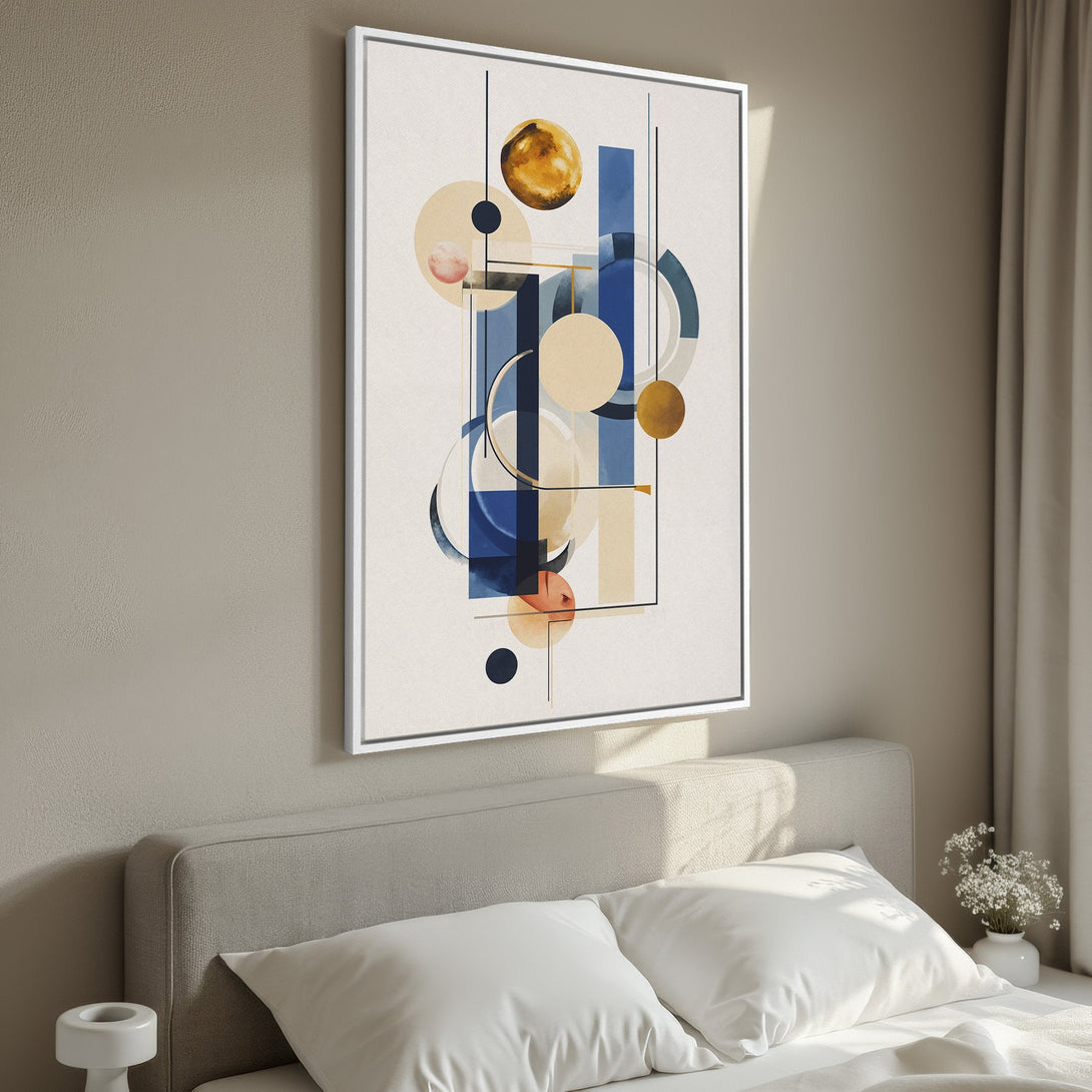 Framed Wall Art featuring an abstract geometric design in blue, beige, and gold tones, perfect for modern home decor.