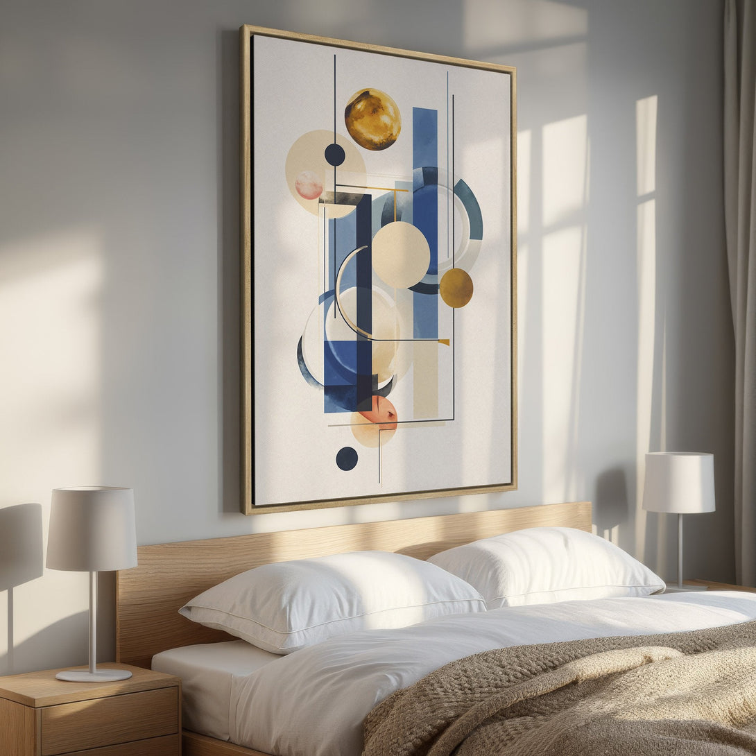 Framed Wall Art: Abstract geometric art in blue, gold, and beige tones. Modern canvas print perfect for bedroom decor.