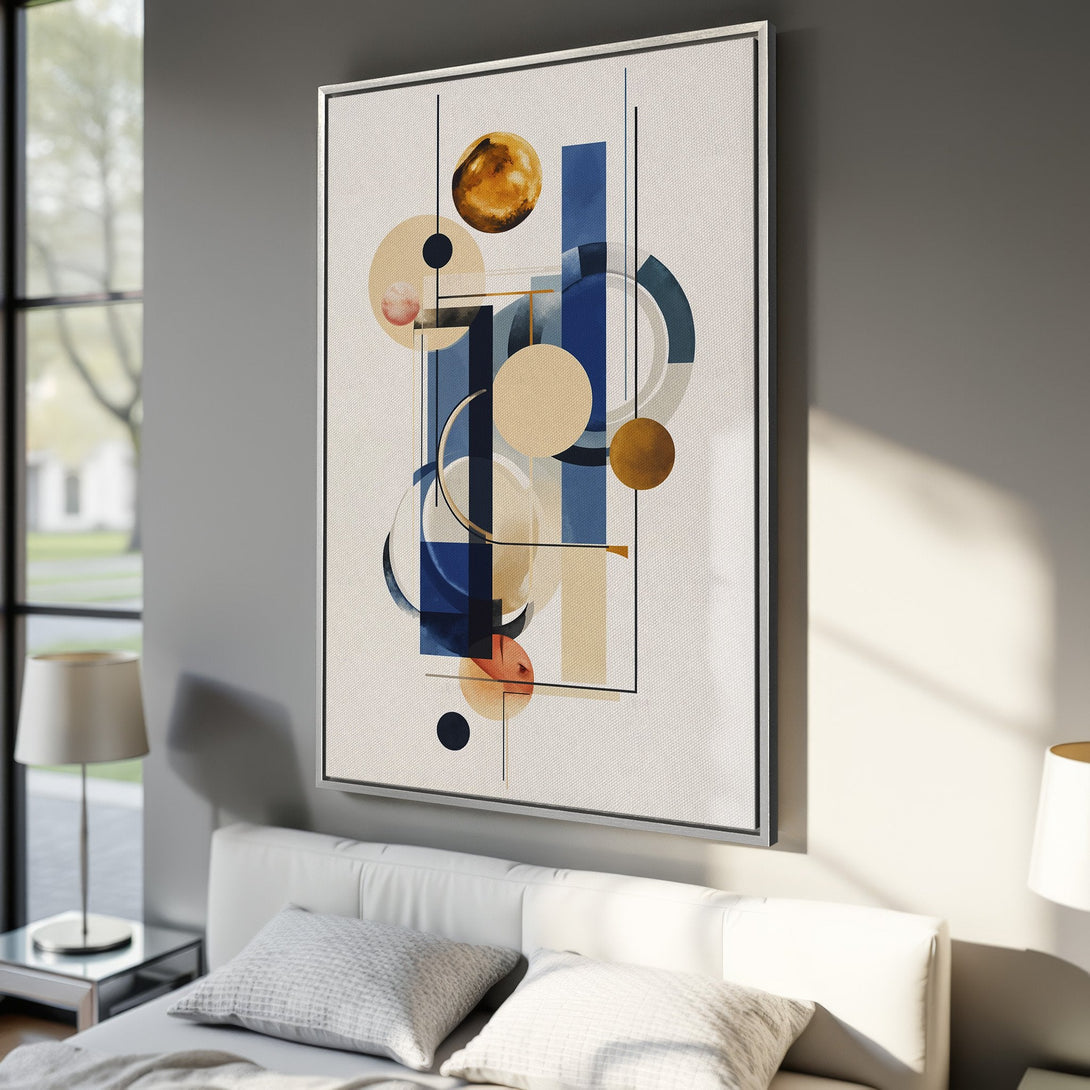 Framed Wall Art: Abstract geometric design in blue, beige, and gold. Modern canvas print adds a stylish touch to any interior space. Perfect for home decor.