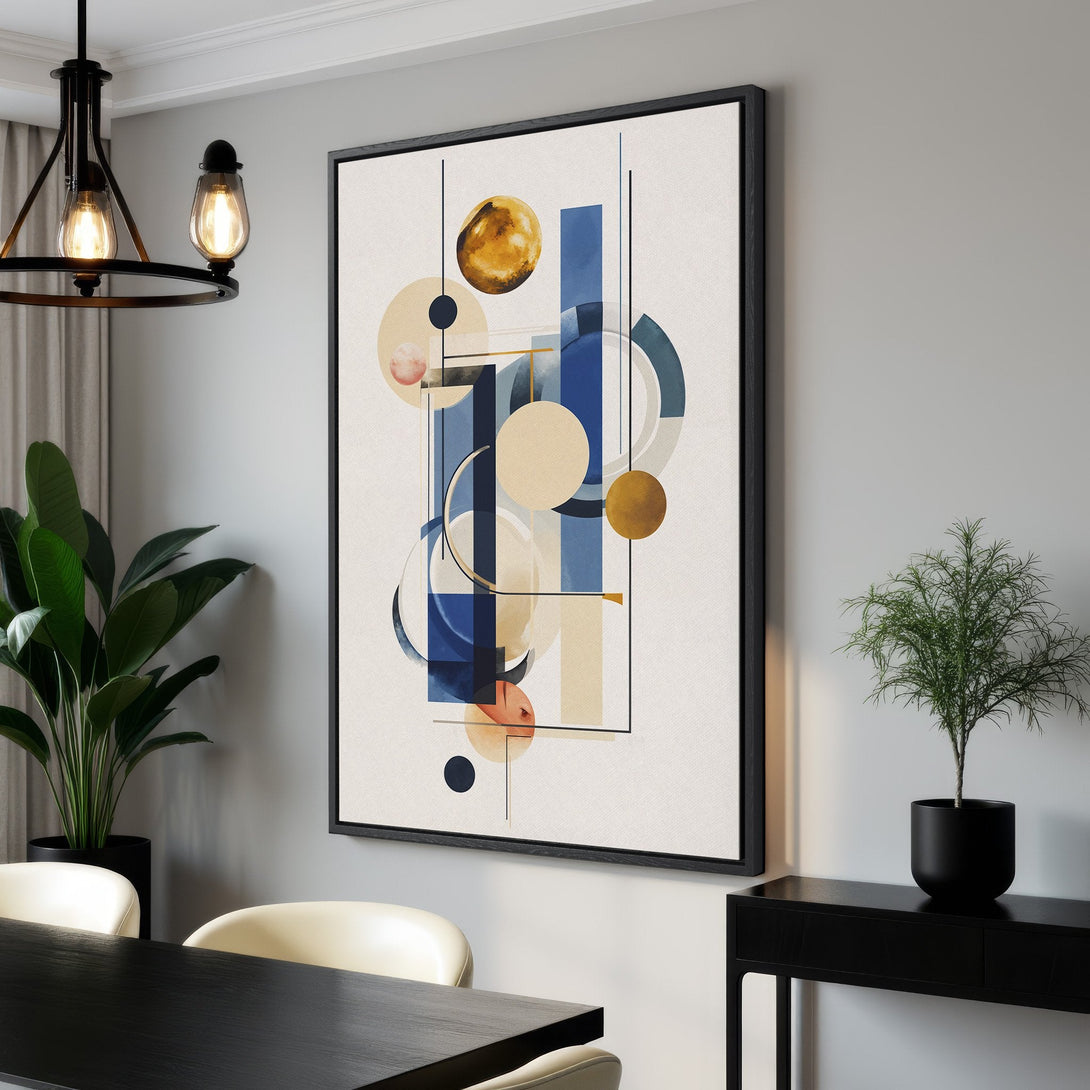 Framed Wall Art: Modern abstract geometric design in a blue, gold, and beige color palette. Perfect for adding a touch of art to your home decor.