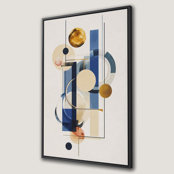 Framed Wall Art: Abstract geometric art canvas print in blue, gold, and beige. Modern wall decor for a stylish interior.