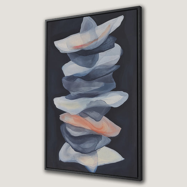 Framed Wall Art featuring abstract watercolor shapes in a cool gray and blush palette. Modern canvas print perfect for adding a touch of elegance to any space.