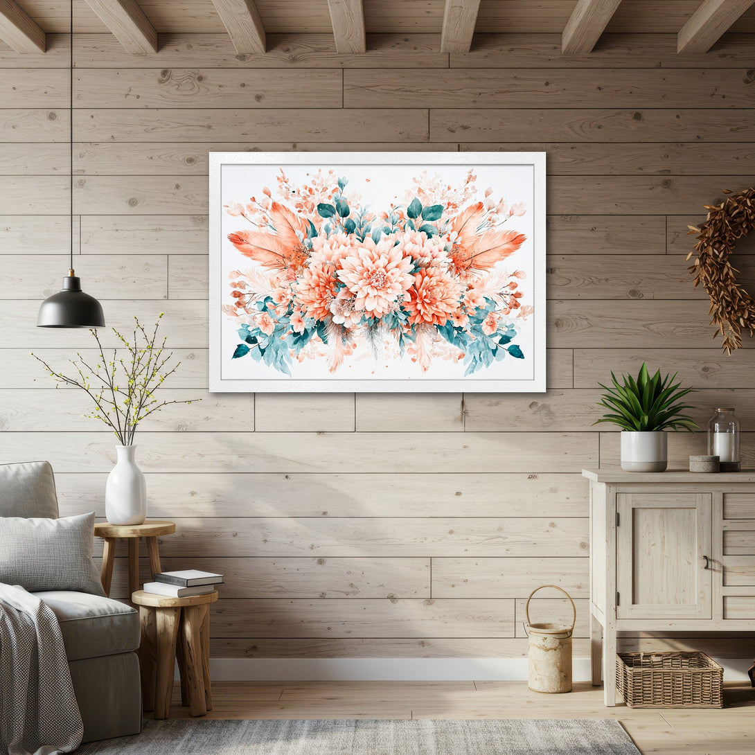 Framed Poster featuring watercolor floral art in a boho style with peach, teal, and white color palette. Perfect wall decor!