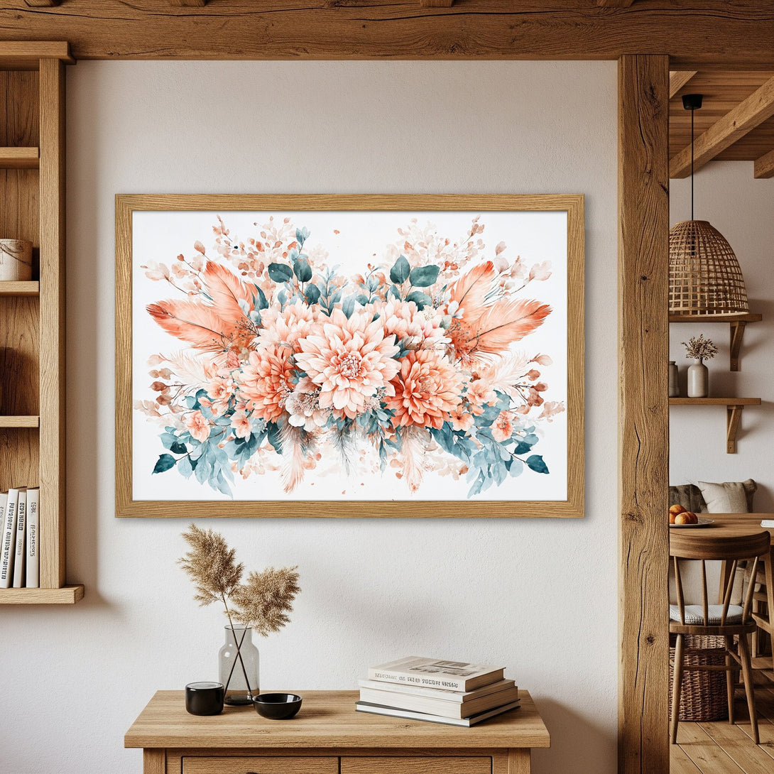 Framed Poster featuring watercolor floral art. Soft, romantic style with peach, teal, and neutral tones. Perfect wall art for your home!