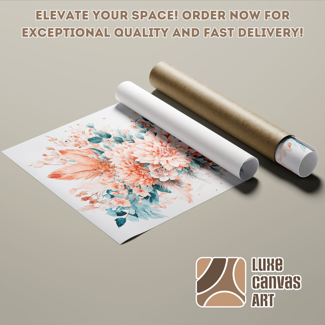 Poster Roll with floral watercolor art, featuring peach and teal tones. Elevate your space!