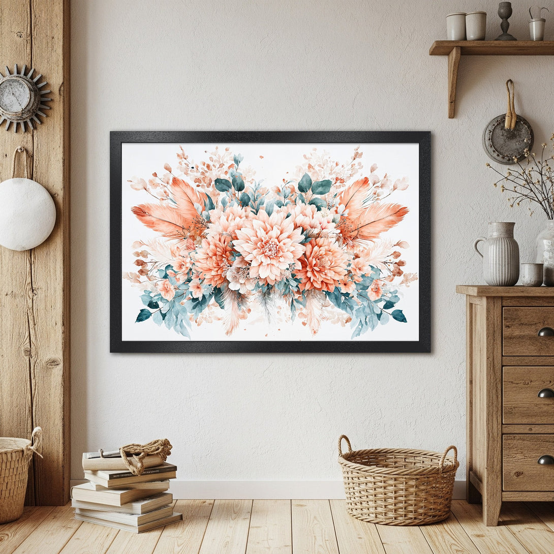 Framed Poster featuring watercolor floral art in a soft peach, teal, and cream palette. Perfect wall decor!