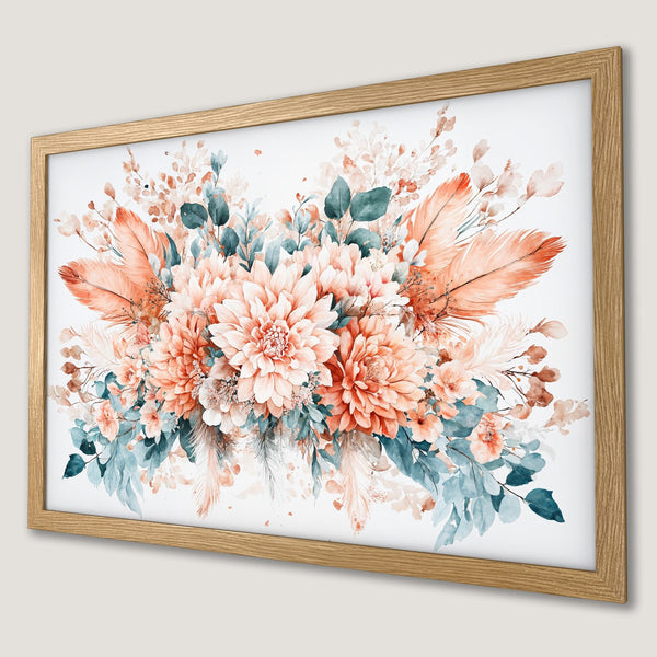 Framed Poster: Watercolor floral art in peach, teal, and cream. Boho style wall decor.
