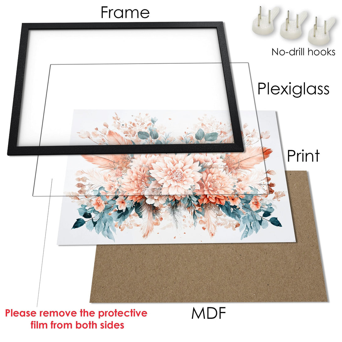 Framed Poster with floral watercolor art. Soft peach, blue, and green tones. Perfect wall art for a touch of elegance.