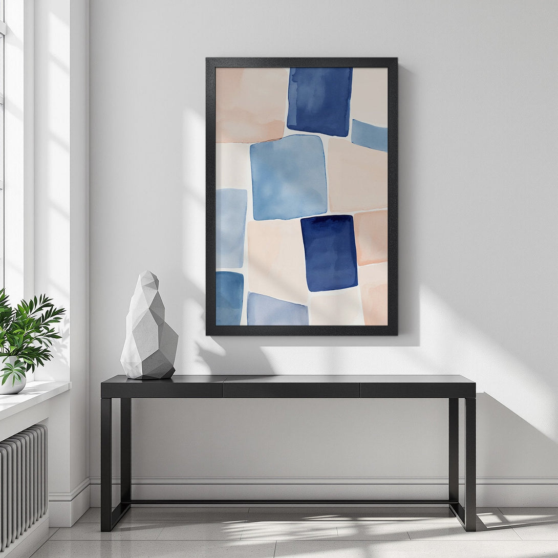 Framed Poster featuring abstract watercolor art in blue and blush tones. Modern decor for your home!