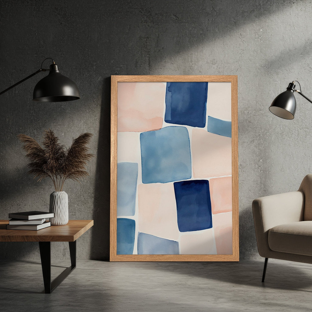 Framed Poster featuring abstract watercolor art in blue and pink hues. Modern, stylish decor for any space.