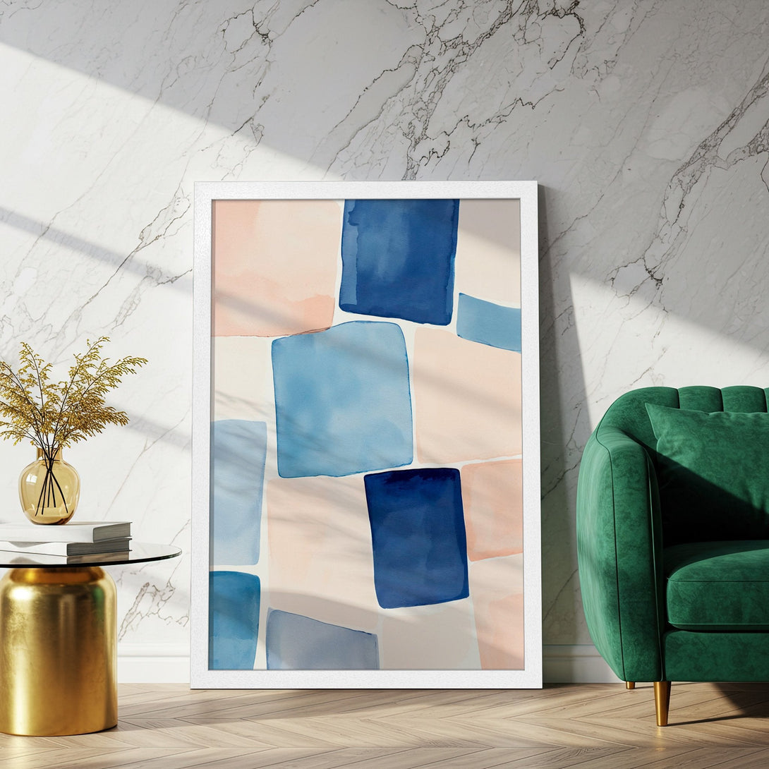 Framed Poster featuring abstract watercolor art in blue and blush tones. Modern wall art for home decor.