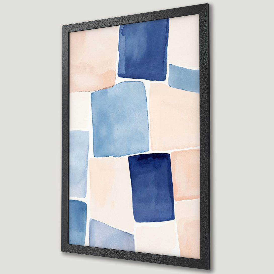 Framed Poster featuring abstract watercolor blocks in blue and peach tones. Modern art print for home decor.