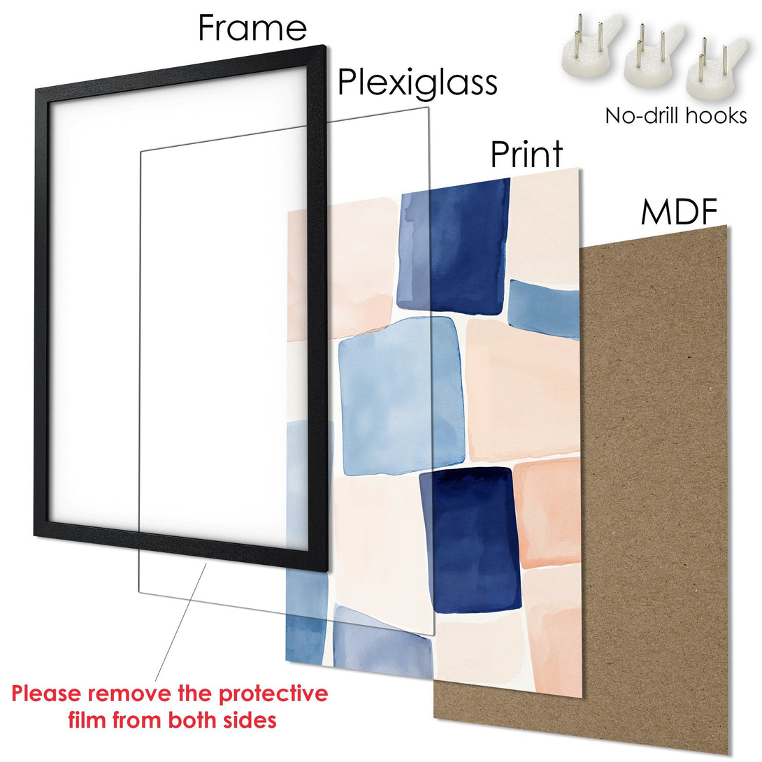Framed Poster featuring an abstract watercolor design in blue, peach, and white. Modern art for your home!