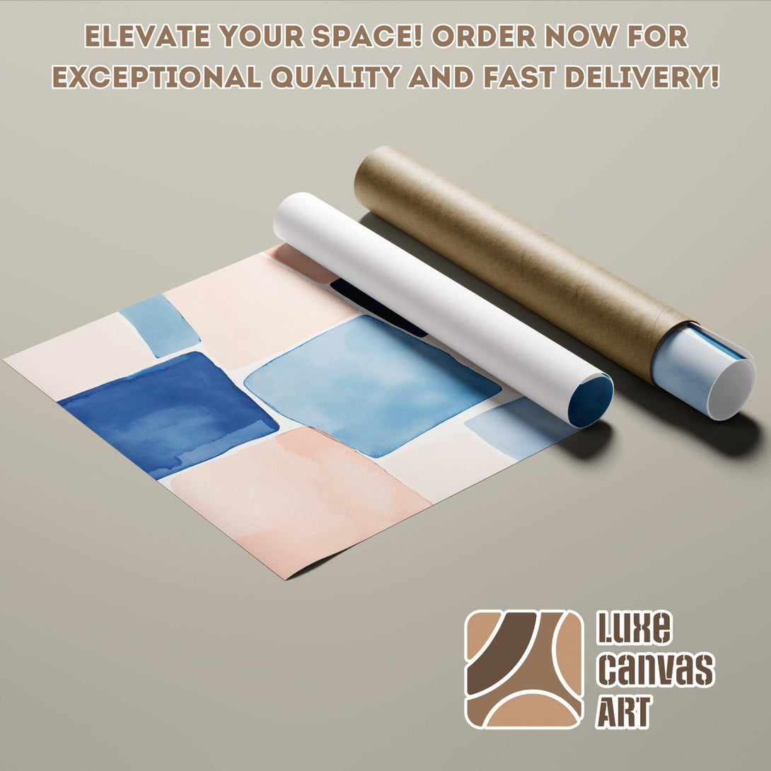 Abstract watercolor Poster Roll in blue, pink, and beige. Elevate your space with Luxe Canvas Art!