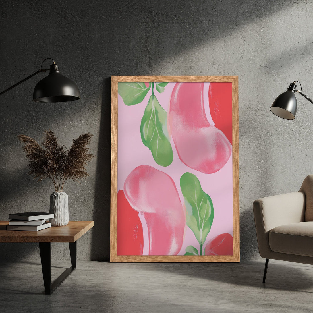 Framed Poster featuring abstract pink and green art. Modern style, soft color palette perfect for home decor.