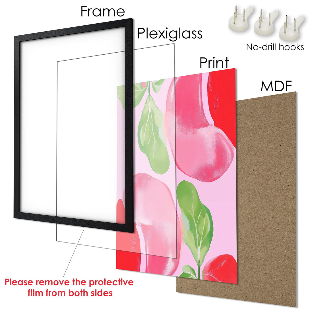 Framed Poster with abstract floral art in pink and red tones. Modern wall decor for your home.