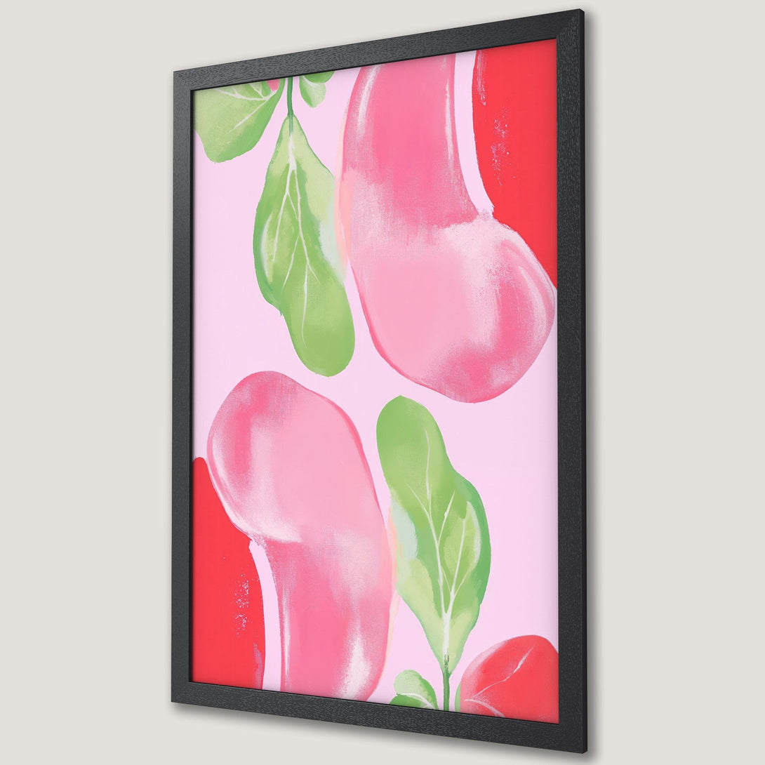 Framed Poster featuring abstract floral art with pink, green, and red hues. Modern wall art for a stylish home.
