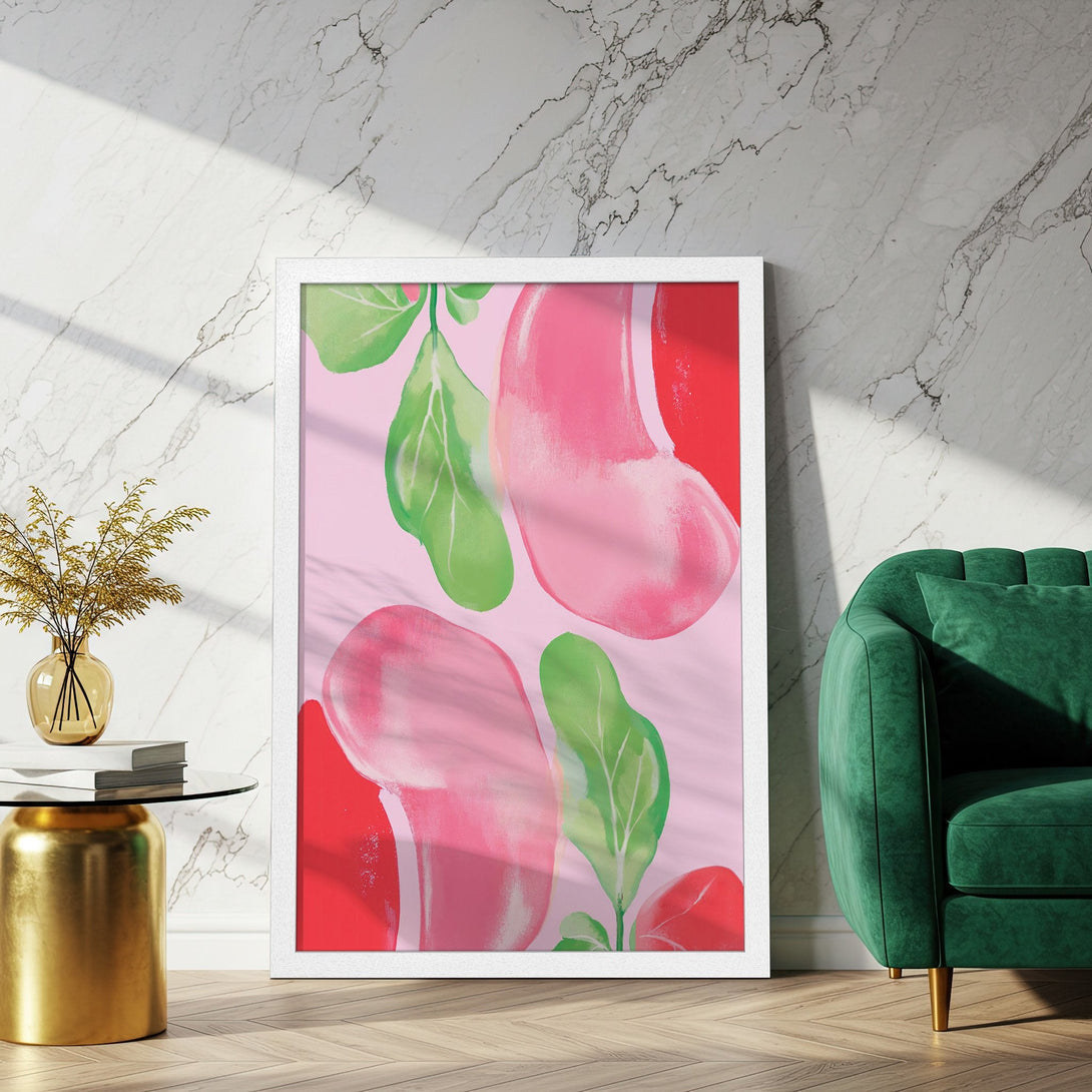 Framed Poster featuring abstract botanical art in pink, red, and green. Modern art print for your home decor.