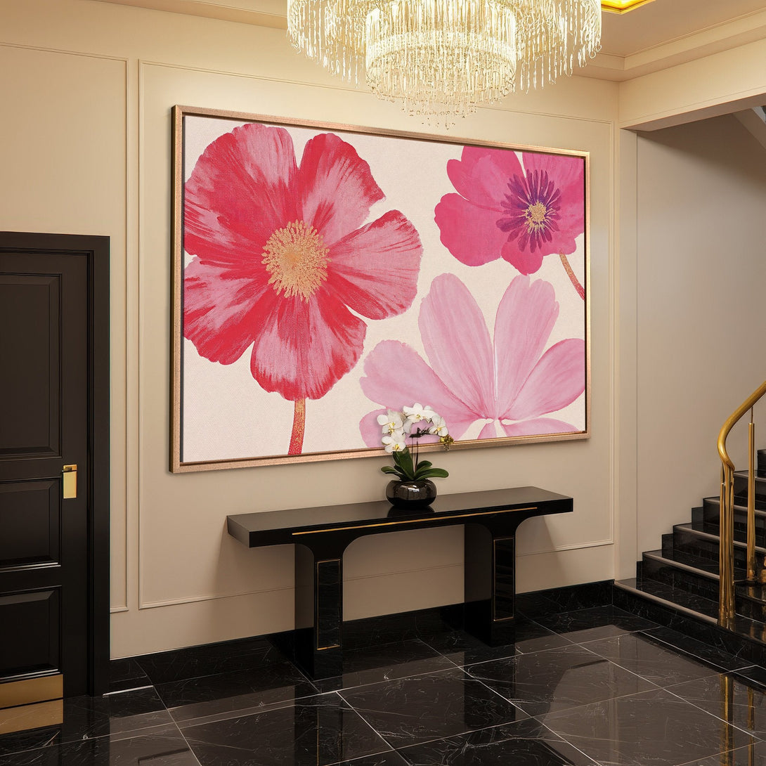 Framed Wall Art featuring vibrant pink floral art. Modern style, perfect for adding color to your home decor. Shop Canvas Prints today!
