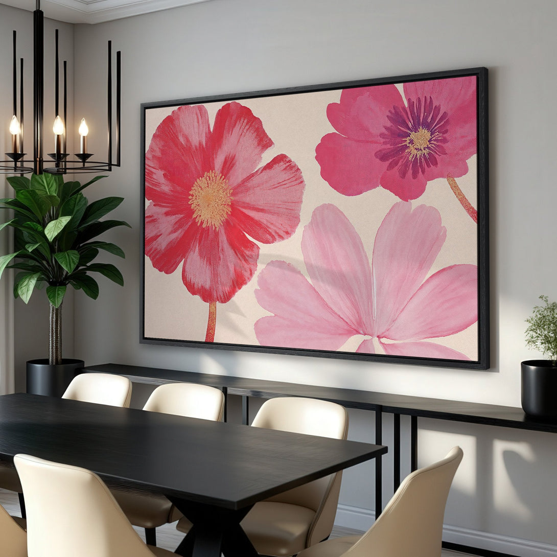 Framed Wall Art featuring vibrant pink floral art. Modern style with a warm color palette, perfect for adding a pop of color to your dining room!