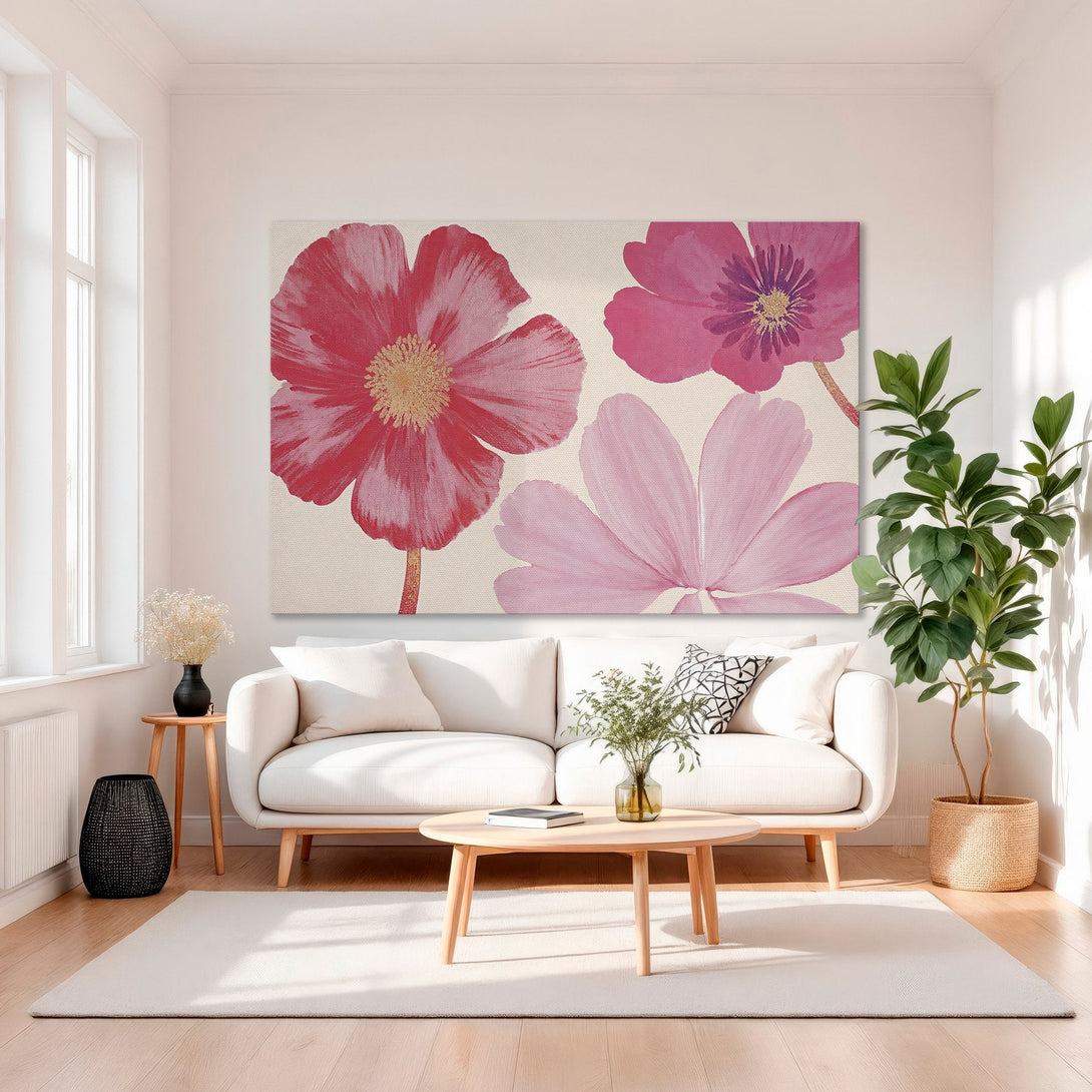 Framed Wall Art featuring vibrant floral art in red and pink hues. Modern canvas print adds a pop of color to any interior.