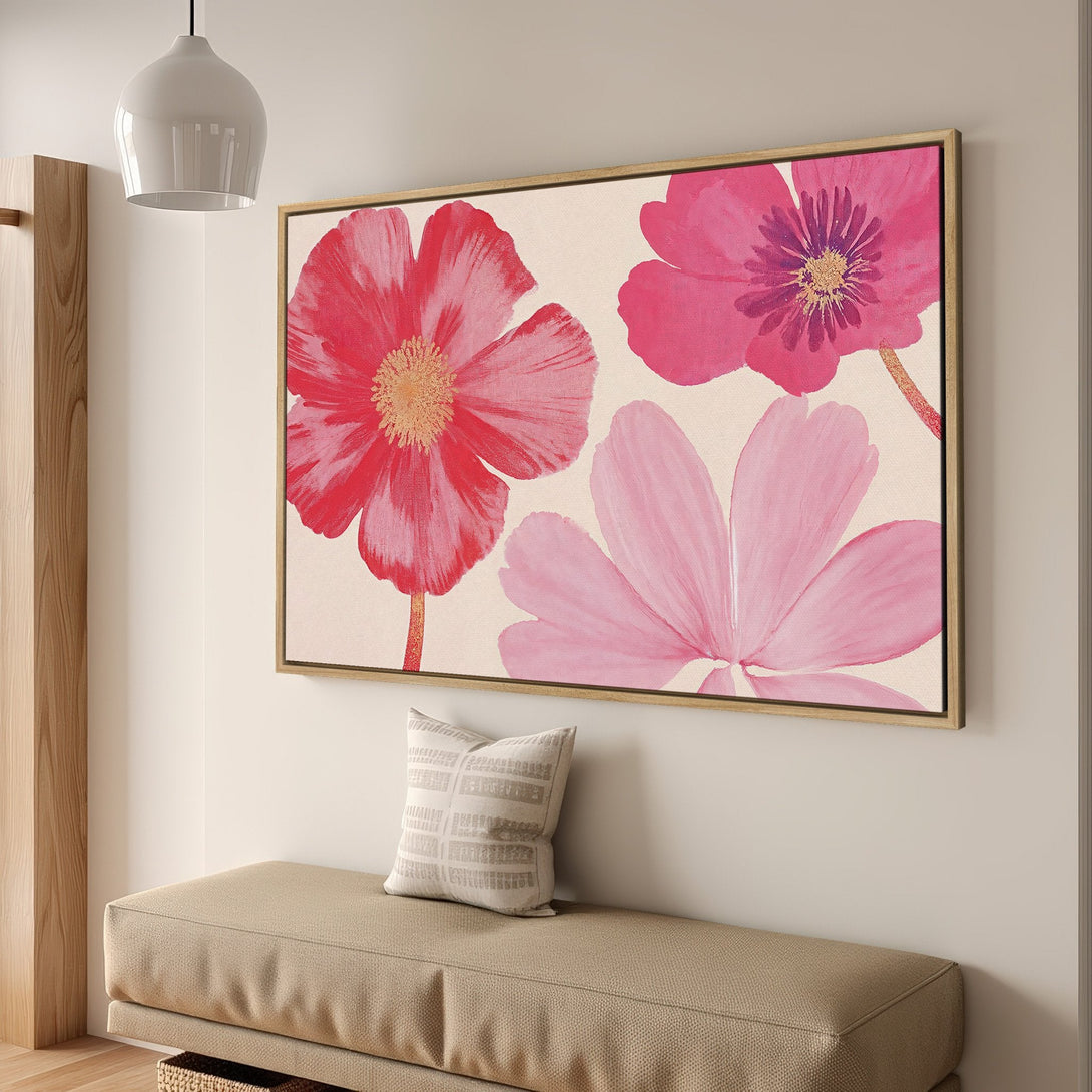 Framed Wall Art featuring vibrant pink floral art. Modern botanical Canvas Print with a warm, inviting color palette. Perfect for adding a pop of color to any space.