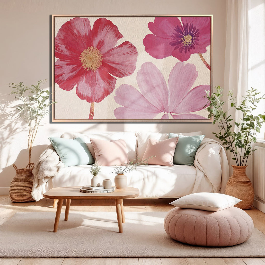 Framed Wall Art featuring watercolor floral design in pink and gold tones, perfect for adding a touch of elegance to any living room.
