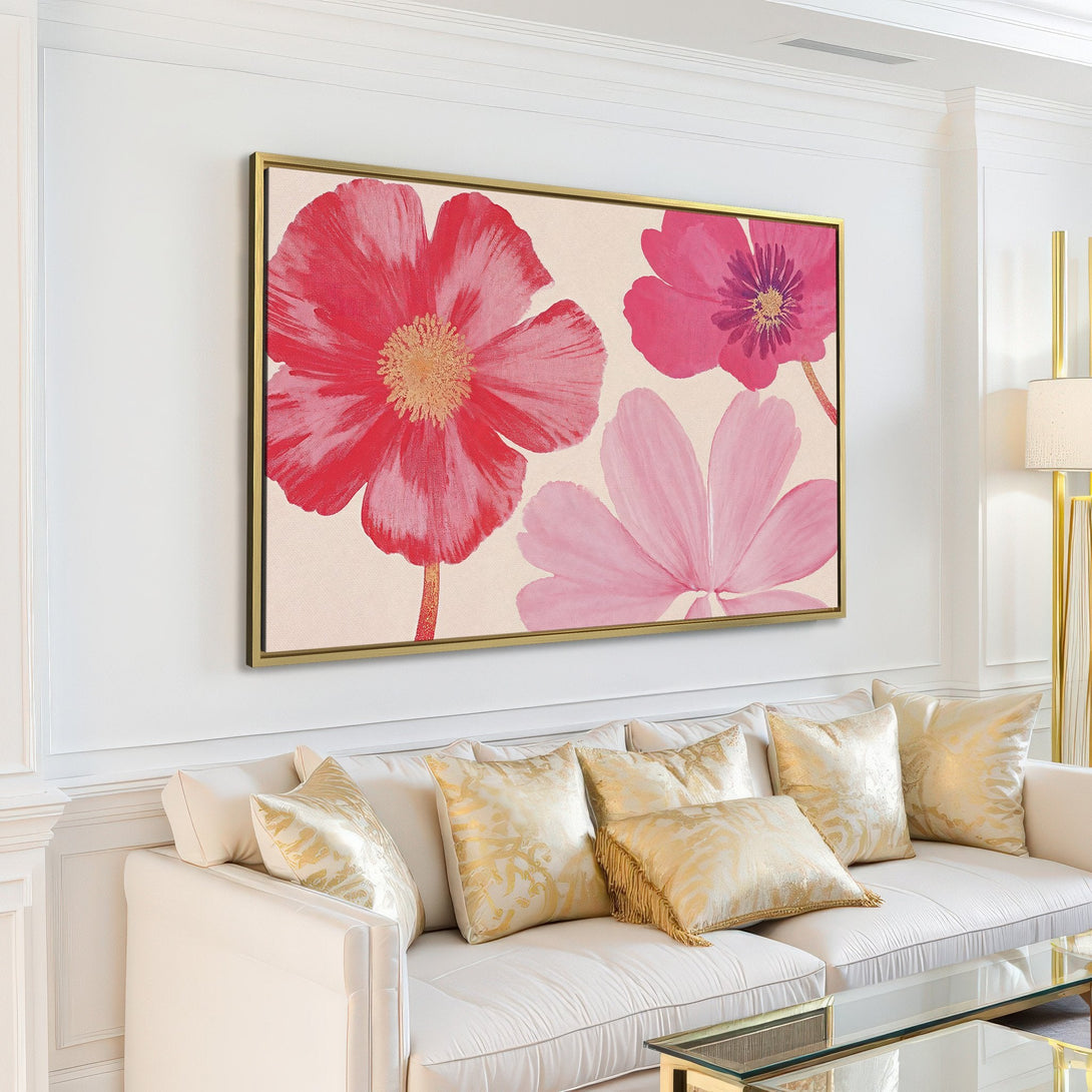 Canvas Print featuring vibrant pink floral art, perfect for adding a pop of color to your living room. Modern style with a soft, neutral palette.