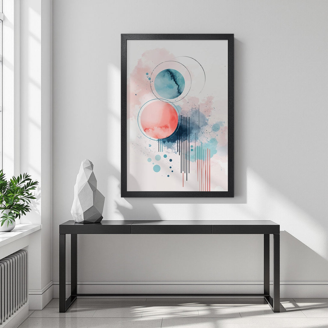 Framed Poster featuring abstract watercolor art with pink, teal, and blue hues. Modern art style perfect for home decor.