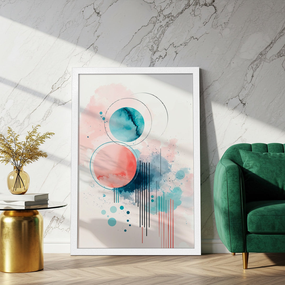 Framed Poster featuring abstract watercolor art in pink, teal, and blue. Modern wall decor for any space.