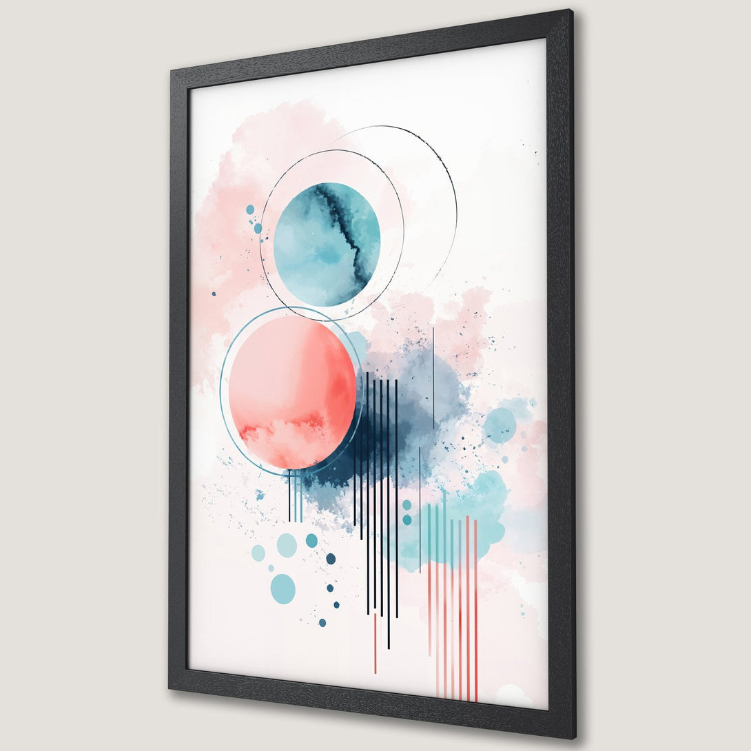 Framed Poster: Abstract watercolor art in pastel pink, blue, and coral. Modern style, perfect wall decor.