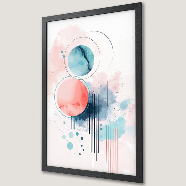 Framed Poster: Abstract watercolor art in pastel pink, blue, and coral. Modern style, perfect wall decor.