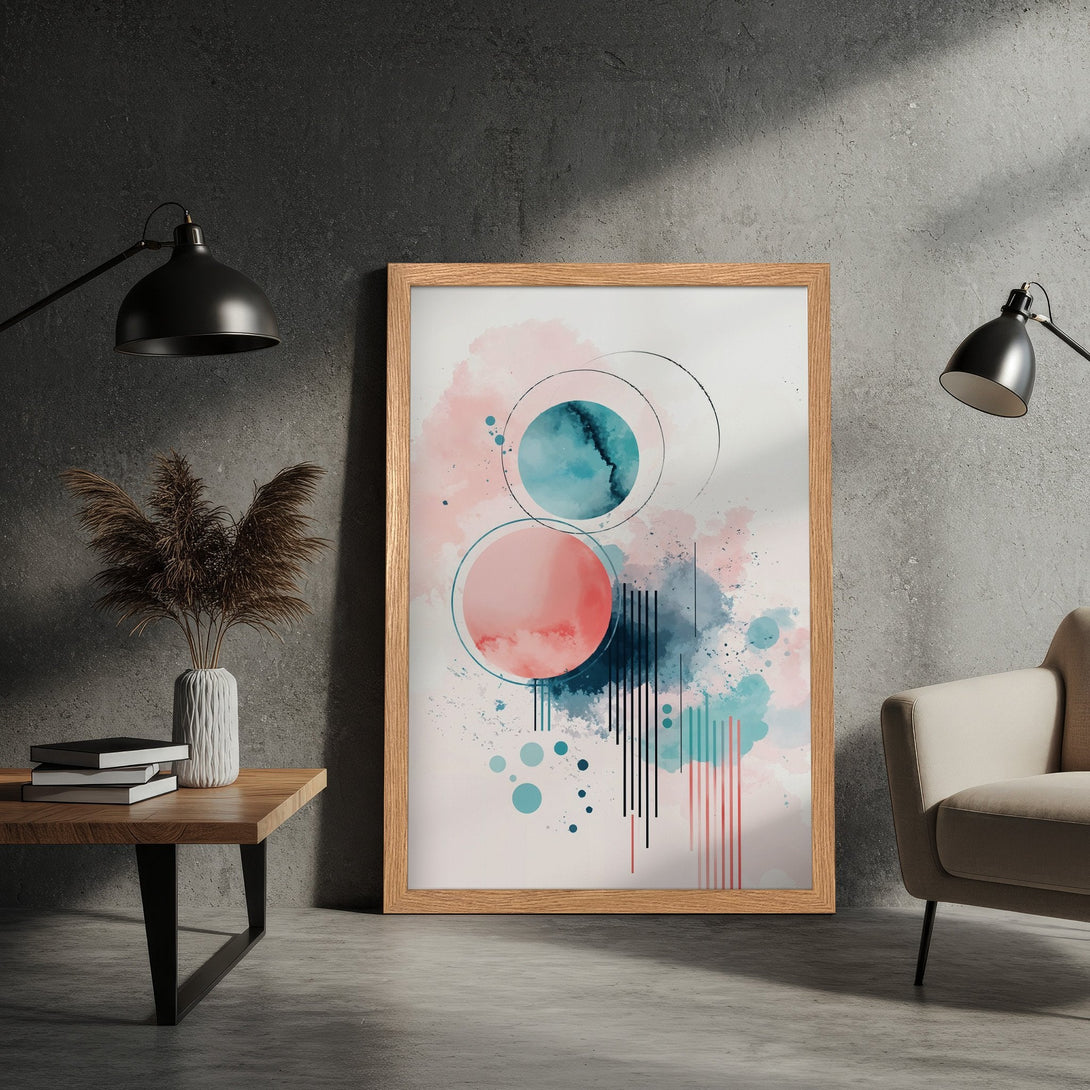 Framed Poster featuring abstract watercolor art with pink, teal, and blue hues. Modern art style perfect for home decor.