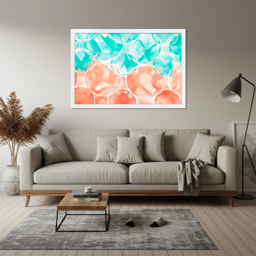 Framed Poster featuring abstract watercolor bubbles in teal and coral, perfect for modern home decor.