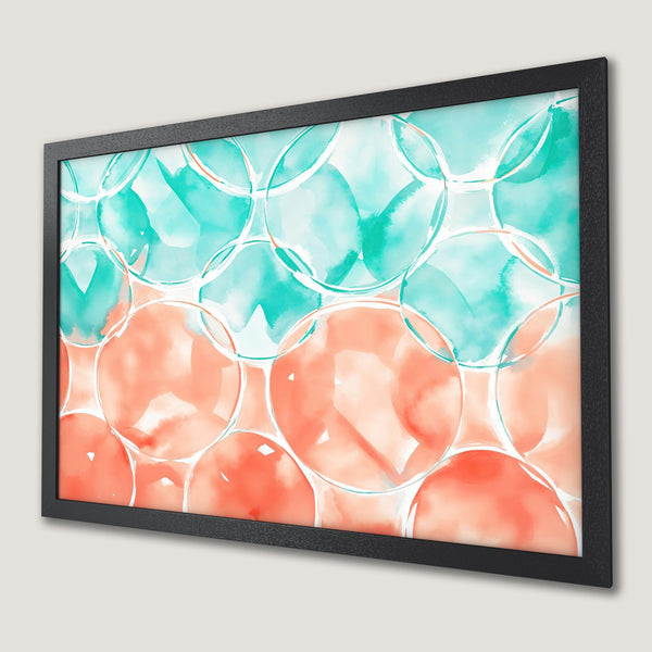 Framed Poster featuring abstract watercolor circles in teal and coral. Modern art print for home decor.