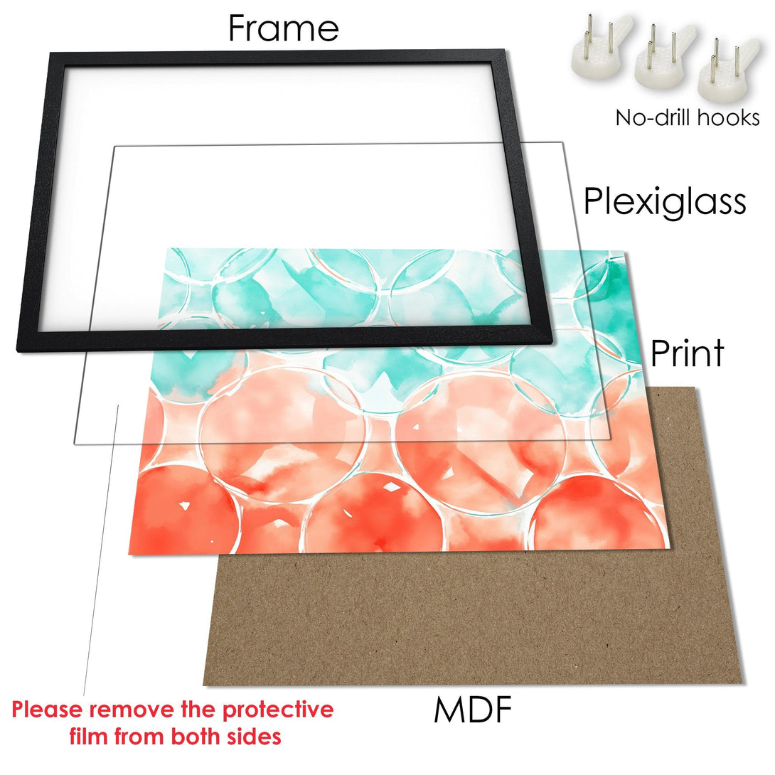 Framed Poster with abstract watercolor design in teal and coral. Modern art print for your home decor.