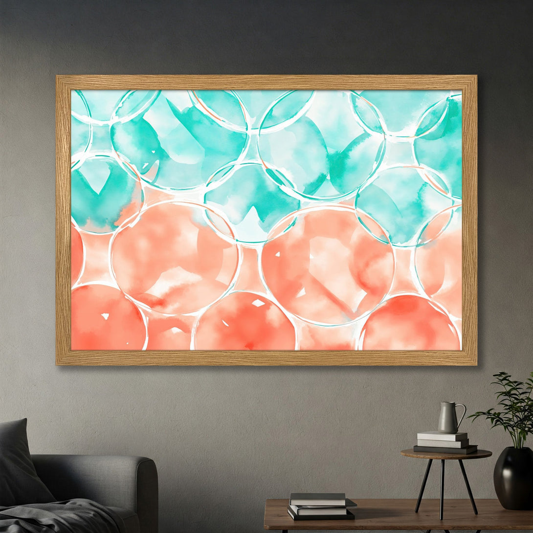 Framed Poster featuring abstract watercolor circles in teal and coral, perfect wall art for a modern home.