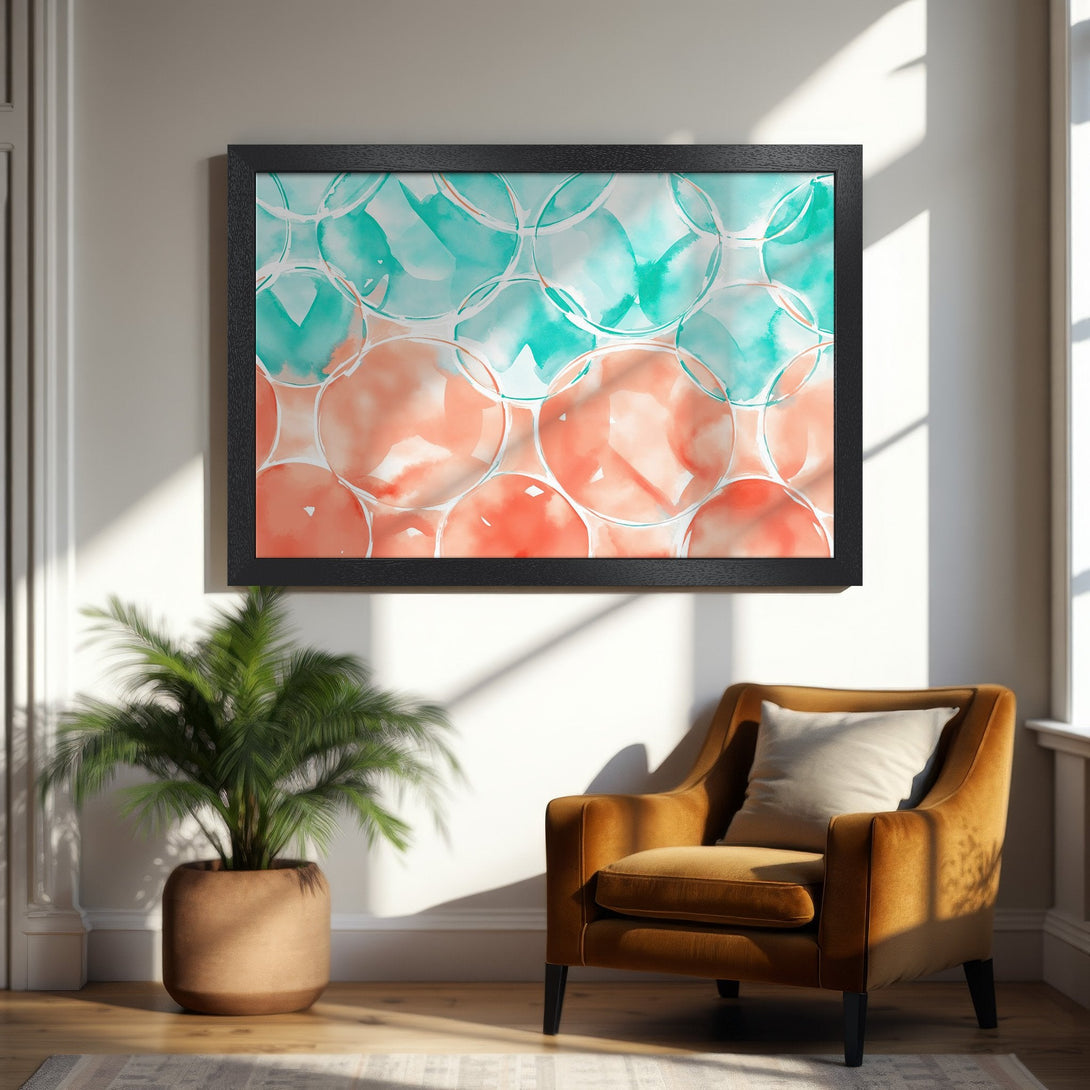 Framed Poster featuring abstract watercolor circles in teal and coral. Modern art for your home decor.