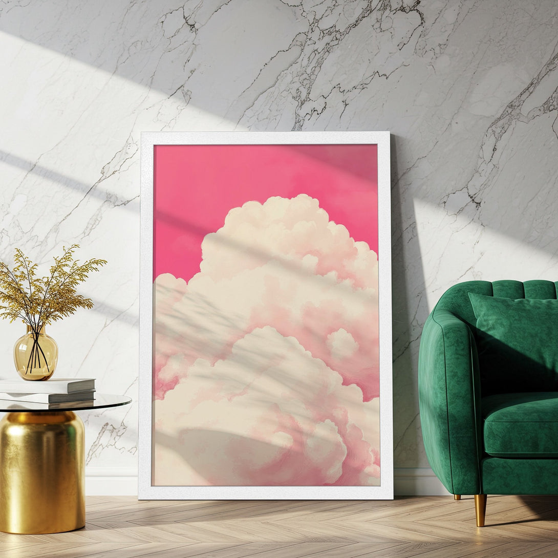 Framed Poster featuring dreamy cloud art in pink and cream tones. Perfect wall decor for a modern, stylish aesthetic.