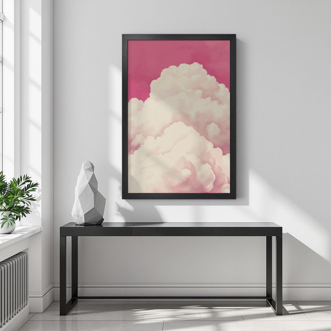 Framed Poster featuring a dreamy cloudscape in soft pink and white tones. Add a touch of serenity to your space!