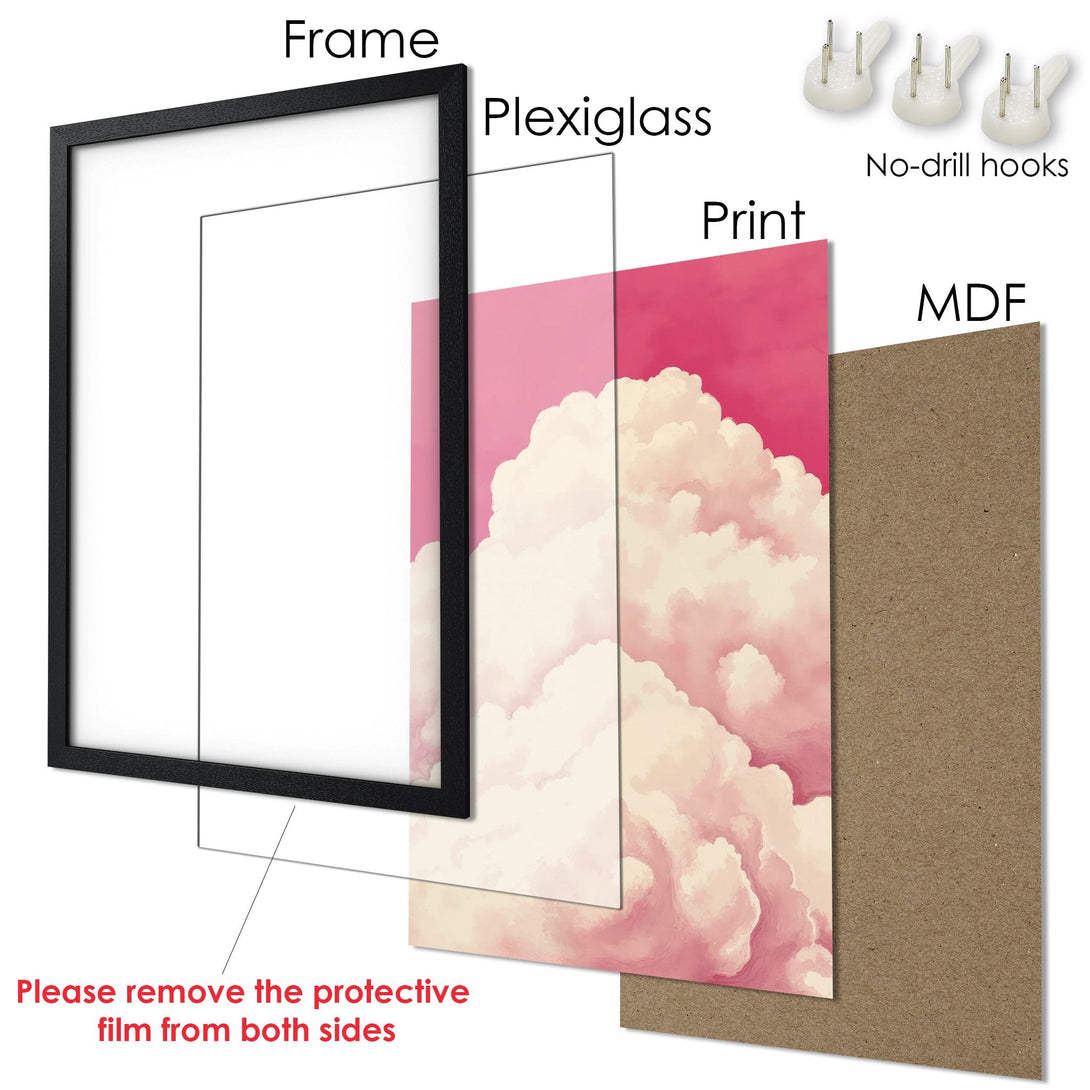 Framed Poster featuring dreamy cloud art in soft pink hues. Elevate your space with this stylish wall art!