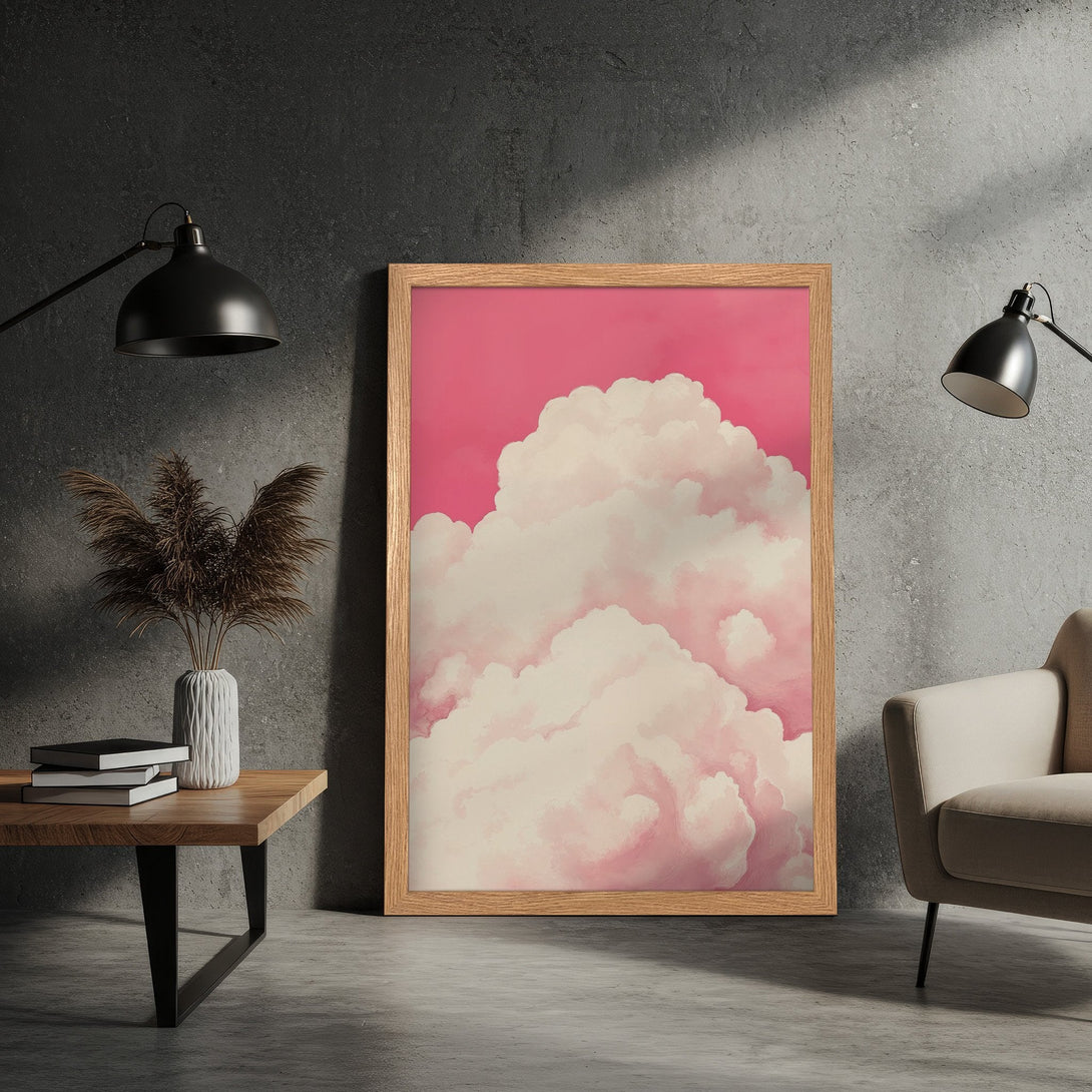 Framed Poster featuring a dreamy cloudscape in soft pink and white hues. Perfect art for a calming space.