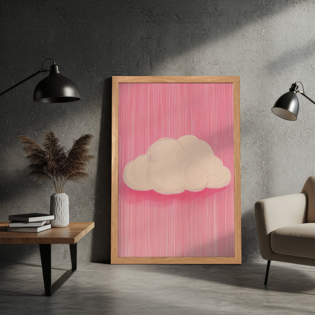 Framed Poster art featuring a whimsical cloud on a pink background. Modern style, soft color palette for a cozy aesthetic.