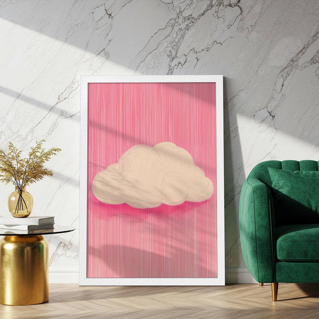 Framed Poster featuring a whimsical cloud design. Modern style with pink and neutral color palette. Perfect wall art for any room!