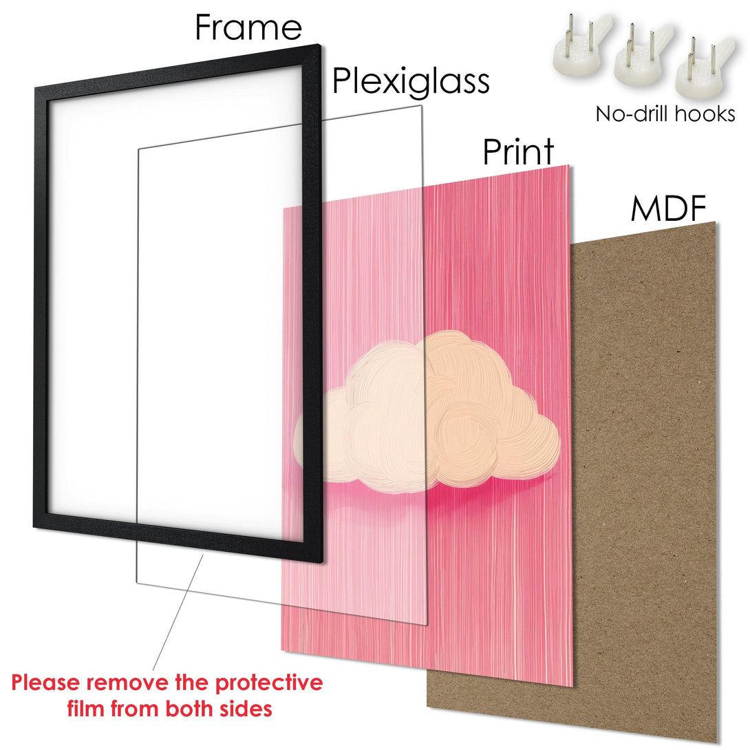 Framed Poster with a pink cloud design. Modern art print in a black frame, featuring a warm color palette. Perfect wall decor!