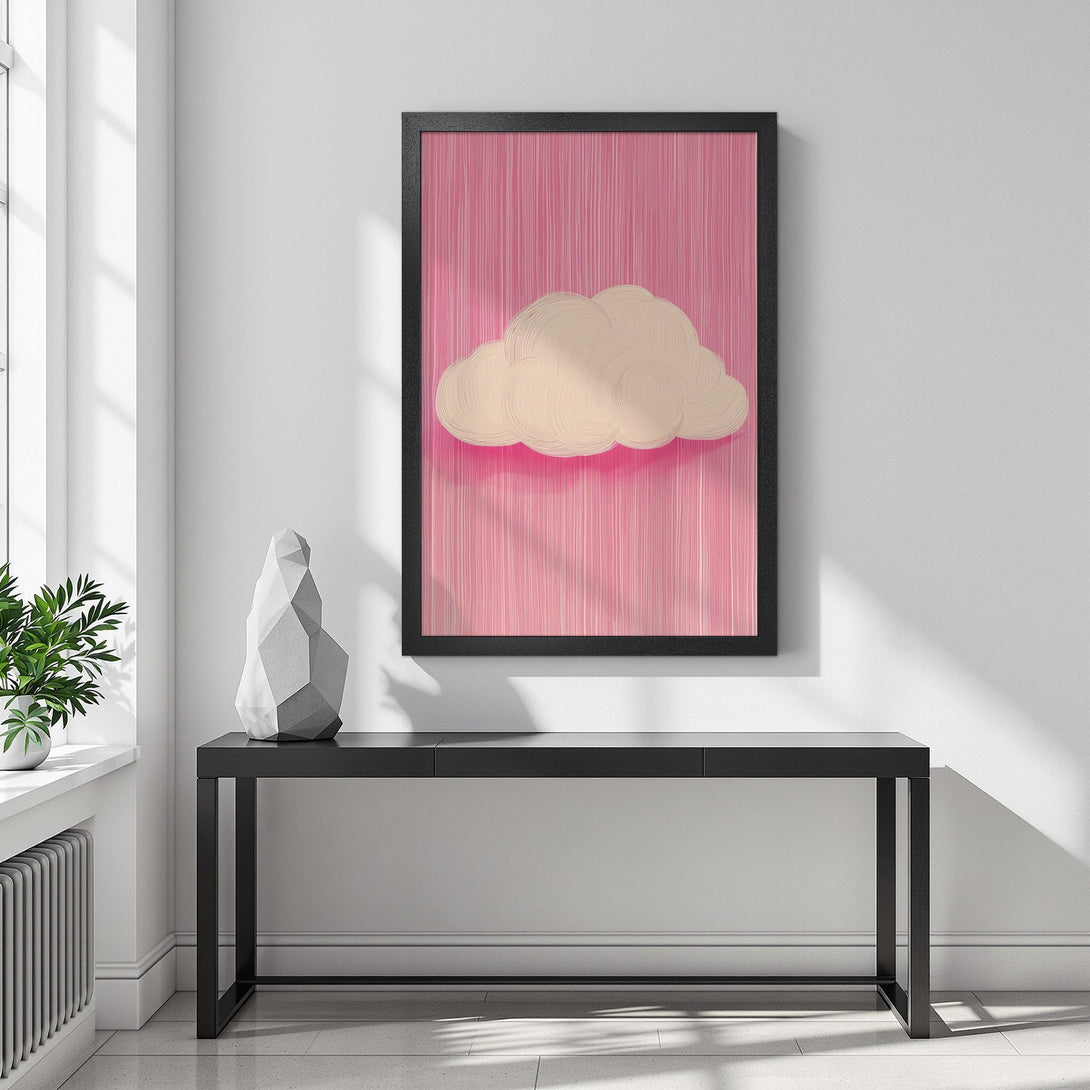 Framed Poster featuring a whimsical cloud illustration in soft pink and beige tones. Modern art style, perfect for home decor.