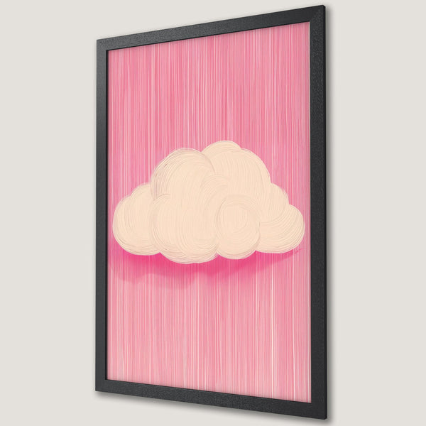 Framed Poster featuring a whimsical cloud illustration in a pink and cream color palette. Modern art print for home decor.