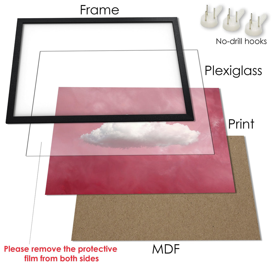 Framed Poster featuring a dreamy cloudscape in a pink color palette. Perfect art for your home!